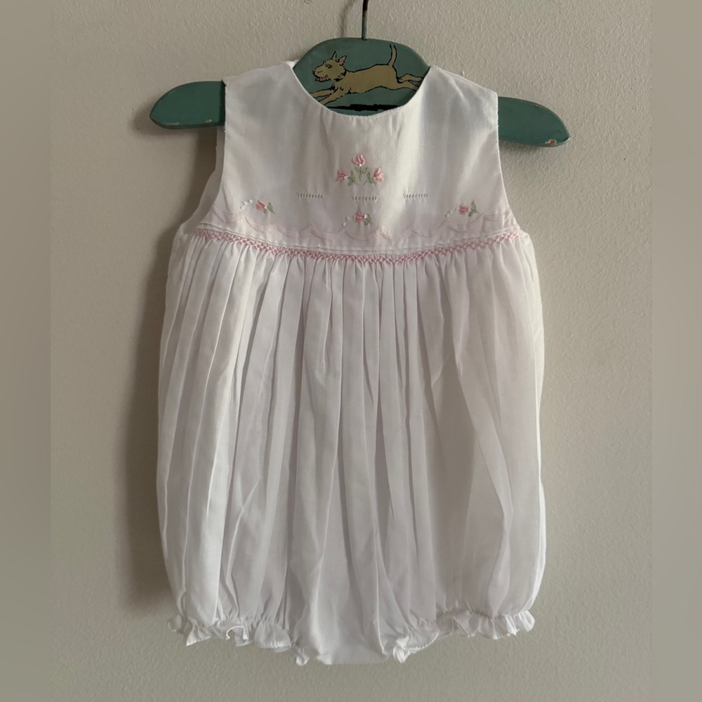 Petit Ami Bubble Romper NB White Cotton Hand Embroidered Pink Floral Baby Summer